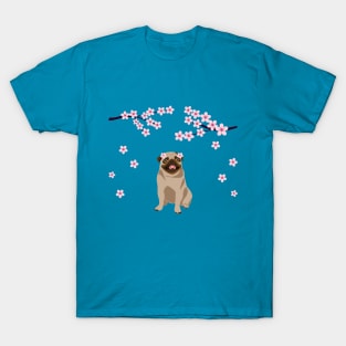 Spring Pug Dog with Sakura Floral Tree T-Shirt